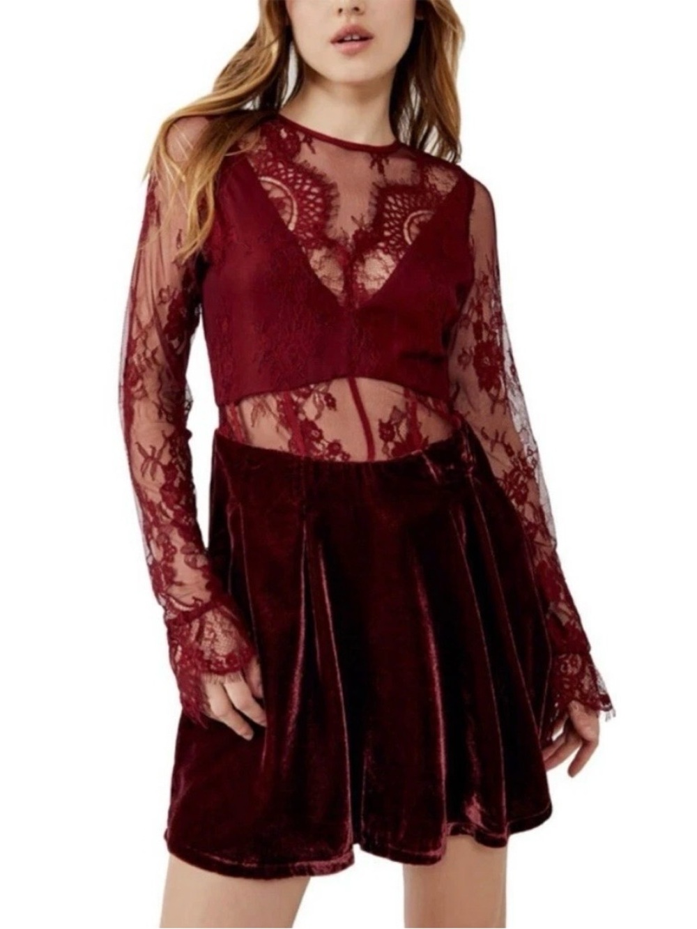 Free People | NWT Burgundy Lace & Velvet Long Sleeve Mini Dress